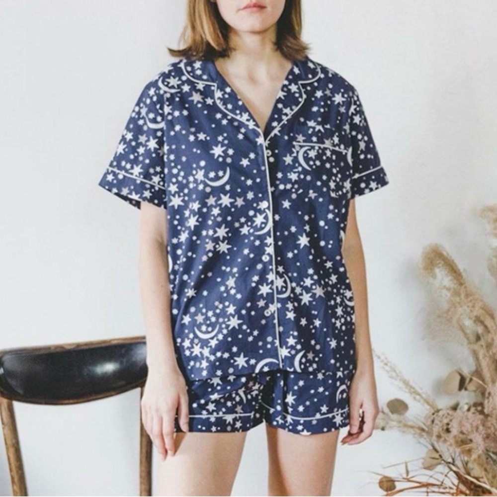 Print Fresh Short PJs Set, Double XL (XXL). Celestial Sky,Moon Stars embroidered